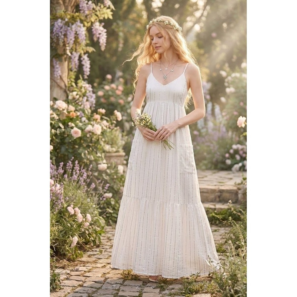 Aerie Maxi Dress Womens M White Silver Metallic Stripe Tiered Boho Pockets NEW
